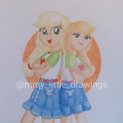 Size: 943x943 | Tagged: safe, artist:mmy_little_drawings, applejack, equestria girls, g4, :d, clothes, crossed arms, duo, eyelashes, female, freckles, obtrusive watermark, open mouth, self paradox, shorts, smiling, traditional art, watermark