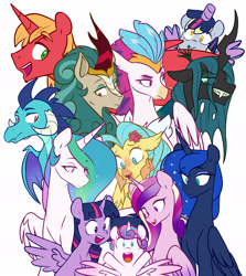 Size: 4841x5415 | Tagged: safe, alternate version, artist:chub-wub, big macintosh, derpy hooves, princess cadance, princess celestia, princess ember, princess flurry heart, princess luna, princess skystar, queen chrysalis, queen novo, rain shine, twilight sparkle, alicorn, changeling, changeling queen, dragon, hippogriff, kirin, pegasus, pony, g4, my little pony: the movie, alicorn costume, alicorn pentarchy, alicornified, baby, bigmacicorn, clothes, costume, cute, dragoness, fake horn, fake wings, female, flurrybetes, mare, nightmare night costume, one of these things is not like the others, open mouth, princess big mac, princess derpy, race swap, royal sisters, siblings, simple background, sisters, toilet paper roll horn, twilight muffins, twilight sparkle (alicorn), white background, wig