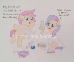 Size: 1080x912 | Tagged: safe, artist:mmy_little_drawings, oc, oc only, pony, unicorn, clothes, dialogue, duo, erlenmeyer flask, eyelashes, female, flask, glowing horn, goggles, horn, lab coat, magic, mare, obtrusive watermark, telekinesis, traditional art, unicorn oc, watermark