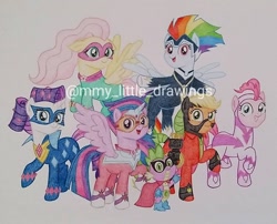 Size: 1080x872 | Tagged: safe, artist:mmy_little_drawings, applejack, fili-second, fluttershy, mistress marevelous, pinkie pie, radiance, rainbow dash, rarity, saddle rager, spike, twilight sparkle, zapp, alicorn, dragon, earth pony, pegasus, pony, unicorn, g4, clothes, costume, female, horn, humdrum costume, male, mane seven, mane six, mare, masked matter-horn costume, obtrusive watermark, power ponies, traditional art, twilight sparkle (alicorn), watermark, wings