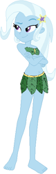 Size: 182x562 | Tagged: safe, artist:triceratopwarrior99, trixie, equestria girls, g4, adorasexy, bare midriff, bare shoulders, barefoot, crossed arms, cute, diatrixes, dreamworks face, feet, female, jungle girl, leaf bikini, sexy, simple background, smiling, smirk, solo, white background