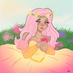 Size: 1080x1080 | Tagged: safe, artist:rapunzelights, fluttershy, human, g4, blushing, clothes, dress, eyelashes, female, flower, flower in hair, humanized, lipstick, outdoors, signature, smiling, solo