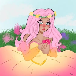 Size: 1080x1080 | Tagged: safe, alternate version, artist:rapunzelights, fluttershy, human, g4, blushing, clothes, dress, eyelashes, female, flower, flower in hair, humanized, lipstick, outdoors, signature, smiling, solo
