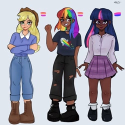 Size: 1080x1080 | Tagged: safe, artist:rapunzelights, applejack, rainbow dash, twilight sparkle, human, g4, choker, clothes, crossed arms, dark skin, ear piercing, earring, eyelashes, female, fist pump, glasses, grin, hat, humanized, jewelry, lipstick, pants, piercing, pride flag, shoes, signature, simple background, skirt, smiling, spiked choker, torn clothes