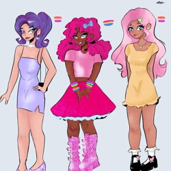 Size: 1080x1080 | Tagged: safe, artist:rapunzelights, fluttershy, pinkie pie, rarity, human, g4, arm behind back, blushing, boots, bow, bracelet, choker, clothes, dark skin, dress, ear piercing, eyelashes, female, grin, hair bow, high heels, humanized, jewelry, lipstick, makeup, midriff, piercing, pride flag, shoes, short shirt, side slit, signature, simple background, skirt, sleeveless, smiling