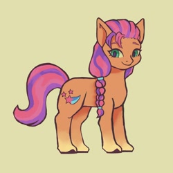 Size: 3000x3000 | Tagged: safe, artist:artfennixi, sunny starscout, earth pony, pony, g5, braid, cute, female, high res, looking at you, mare, simple background, smiling, solo, sunnybetes, unshorn fetlocks, yellow background