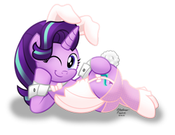 Size: 1600x1238 | Tagged: safe, artist:aleximusprime, starlight glimmer, pony, unicorn, g4, bunny suit, clothes, cuffs (clothes), easter, female, fishnet stockings, garter belt, holiday, horn, lingerie, looking at you, mare, one eye closed, simple background, solo, transparent background, wink, winking at you