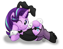 Size: 1280x990 | Tagged: safe, alternate version, artist:aleximusprime, starlight glimmer, pony, unicorn, g4, bunny suit, clothes, easter, fishnet stockings, garter belt, holiday, lingerie, looking at you, one eye closed, simple background, solo, transparent background, wink, winking at you