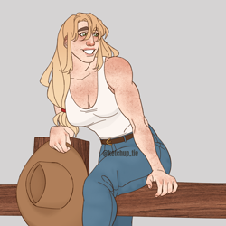 Size: 3000x3000 | Tagged: safe, artist:rdstartie, applejack, human, g4, alternate hairstyle, applejack's hat, belt, breasts, busty applejack, clothes, cowboy hat, female, fence, freckles, gray background, grin, hat, high res, humanized, jeans, pants, simple background, smiling, solo, tank top