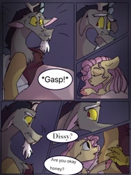 Size: 768x1024 | Tagged: safe, artist:cocolove2176, discord, fluttershy, draconequus, pegasus, pony, comic:never leave, g4, comic, dialogue, eyes closed, female, male, mare, sad, ship:discoshy, shipping, sleeping, straight