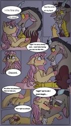 Size: 720x1280 | Tagged: safe, artist:cocolove2176, discord, fluttershy, draconequus, pegasus, pony, comic:never leave, g4, blushing, colored hooves, comic, dialogue, eyes closed, female, holding hooves, male, mare, sad, ship:discoshy, shipping, straight