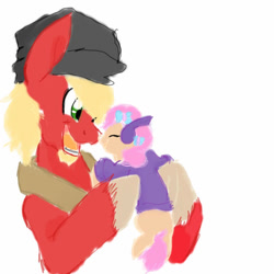 Size: 685x685 | Tagged: safe, artist:sonicsketcher64, big macintosh, oc, oc:angel face macintosh, earth pony, pony, g4, beard, boop, cute, duo, earmuffs, facial hair, father and child, father and daughter, female, filly, hat, holding a pony, male, noseboop, ocbetes, offspring, parent:big macintosh, parent:fluttershy, parents:fluttermac, simple background, stallion, white background