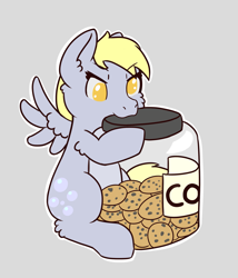 Size: 2145x2505 | Tagged: safe, artist:morrigun, derpy hooves, pegasus, pony, g4, cookie, cookie jar, cute, food, gray background, high res, simple background, wings