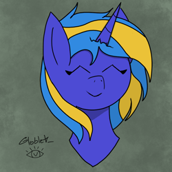 Size: 1024x1024 | Tagged: safe, artist:globlet_, oc, oc only, oc:scribbling ink, pony, unicorn, colored, digital art, eyes closed, horn, looking at you, sketch, smiling, smiling at you, solo, unicorn oc