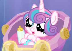 Size: 1517x1080 | Tagged: safe, screencap, princess flurry heart, pony, g4, the times they are a changeling, aura, baby, baby bottle, baby carrier, baby flurry heart, baby pony, cooing, cradle, cute, cute baby, daaaaaaaaaaaw, diaper, female, filly, flurrybetes, happy, hasbro is trying to murder us, implied sunburst, magic, magic aura, offscreen character, solo, weapons-grade cute