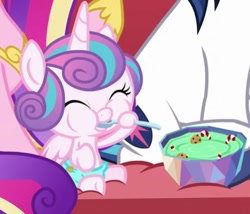 Size: 447x382 | Tagged: safe, screencap, princess cadance, princess flurry heart, shining armor, pony, g4, my little pony best gift ever, baby, baby flurry heart, baby pony, bowl, bowl of pudding, candy, candy cane, cookie, cute, cute baby, diaper, eating, eyes closed, food, pudding, puddinghead's pudding, spoon
