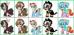 Size: 248x119 | Tagged: safe, artist:asiandra dash, edit, oc, oc:adrinna, oc:asiandra dash, oc:rainbowrio, oc:toffee, alicorn, demon, earth pony, pegasus, pony, unicorn, pony town, alicorn oc, annoyed, bat wings, beanie, beanie hat, bow, bowtie, bunny ears, clothes, colored wings, confused, demon slayer, dress, ear piercing, earring, fangs, flower, flower in hair, folded wings, freckles, happy, hat, headphones, horn, jewelry, multicolored hair, multicolored wings, necklace, nezuko kamado, not rainbow dash, open mouth, piercing, pixel art, ponytail, rainbow hair, rainbow wings, raised hoof, scarf, simple background, tail bow, tongue out, transparent background, unicorn oc, wings