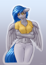 Size: 2356x3333 | Tagged: safe, artist:dandy, oc, oc only, oc:rainstorm, pegasus, anthro, aeroverse, belly button, blushing, breasts, chest fluff, clothes, commission, crossed arms, explicit source, female, floppy ears, high res, looking at you, mare, pants, short shirt, solo, wings