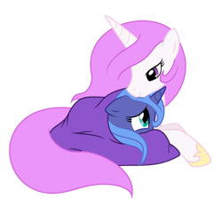 Size: 900x900 | Tagged: safe, artist:mamandil, princess celestia, princess luna, pony, g4, blanket, comforting, female, filly, pink-mane celestia, scared, simple background, transparent background, woona, younger