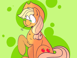 Size: 1280x960 | Tagged: safe, artist:rick-yy, applejack, earth pony, pony, g4, abstract background, chest fluff, female, mare, no pupils, sitting, solo, straw in mouth