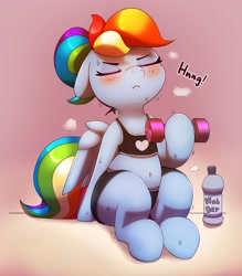 Size: 2752x3138 | Tagged: safe, artist:pabbley, rainbow dash, pegasus, pony, g4, clothes, eyes closed, female, high res, plump, shorts, sitting, solo, sports bra, sweat, sweater, text, water bottle, weight gain, weight lifting, weights
