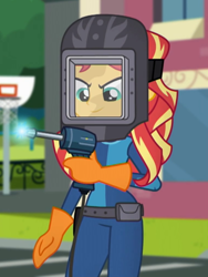 Size: 508x674 | Tagged: safe, screencap, sunset shimmer, eqg summertime shorts, equestria girls, g4, get the show on the road, cropped, solo, welding mask
