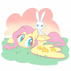 Size: 2233x2233 | Tagged: safe, artist:pfeffaroo, angel bunny, fluttershy, pegasus, pony, rabbit, g4, angel is a bunny bastard, animal, chick, cute, duo, female, high res, lying down, male, mare, prone, shyabetes, spread wings, wings