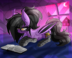 Size: 1630x1320 | Tagged: safe, artist:ladylullabystar, oc, oc only, bat pony, pony, book, clothes, female, glasses, lying down, mare, night, prone, reading, socks, solo, stockings, thigh highs