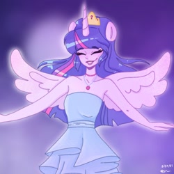 Size: 2048x2048 | Tagged: safe, artist:rapunzelights, twilight sparkle, alicorn, human, equestria girls, g4, alicorn humanization, bare shoulders, choker, clothes, dress, eyes closed, grin, high res, horn, horned humanization, humanized, jewelry, lipstick, signature, sleeveless, smiling, solo, spread wings, strapless, tiara, twilight sparkle (alicorn), winged humanization, wings