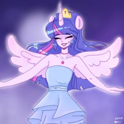 Size: 2048x2048 | Tagged: safe, alternate version, artist:rapunzelights, twilight sparkle, alicorn, human, equestria girls, g4, alicorn humanization, bare shoulders, choker, clothes, dress, eyes closed, grin, high res, horn, horned humanization, humanized, jewelry, lipstick, purple background, signature, simple background, sleeveless, smiling, solo, spread wings, strapless, tiara, twilight sparkle (alicorn), winged humanization, wings