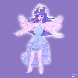 Size: 2048x2048 | Tagged: safe, alternate version, artist:rapunzelights, twilight sparkle, alicorn, human, equestria girls, g4, alicorn humanization, bare shoulders, choker, clothes, dress, eyes closed, grin, high heels, high res, horn, horned humanization, humanized, jewelry, lipstick, purple background, shoes, signature, simple background, sleeveless, smiling, solo, spread wings, strapless, tiara, twilight sparkle (alicorn), winged humanization, wings