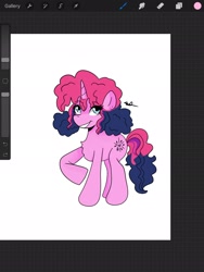 Size: 1536x2048 | Tagged: safe, artist:rapunzelights, oc, oc only, pony, unicorn, female, grin, horn, magical lesbian spawn, mare, offspring, parent:pinkie pie, parent:twilight sparkle, parents:twinkie, raised hoof, signature, smiling, solo, unicorn oc