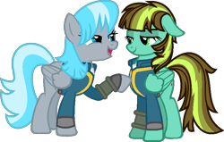 Size: 746x473 | Tagged: safe, artist:caecii, artist:pegasski, oc, oc only, oc:aqua haze, oc:sea spray, pegasus, pony, fallout equestria, g4, base used, bedroom eyes, clothes, duo, eyelashes, female, jumpsuit, mare, open mouth, pegasus oc, pipbuck, raised hoof, simple background, smiling, transparent background, vault suit, wings