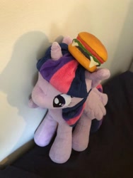 Size: 1080x1440 | Tagged: safe, twilight sparkle, alicorn, pony, g4, 4de, burger, food, irl, photo, plushie, solo, that pony sure does love burgers, twilight burgkle, twilight sparkle (alicorn)