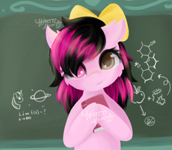 Size: 2066x1806 | Tagged: safe, artist:waret milout, earth pony, pegasus, pony, apple, black, book, chemistry, classroom, clothes, commission, cute, female, food, photo, pink, school, schoolgirl, solo