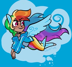 Size: 2048x1917 | Tagged: safe, artist:carconutty, rainbow dash, human, g4, dark skin, female, flying, humanized, moderate dark skin, ponied up, solo, winged humanization, wings
