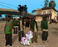 Size: 900x720 | Tagged: safe, artist:mactavish1996, editor:notxweeb, sweetie belle, g4, sisterhooves social, bandana, barely pony related, clothes, families, gangsta, grand theft auto, gta san andreas, photo, video game crossover, watermark