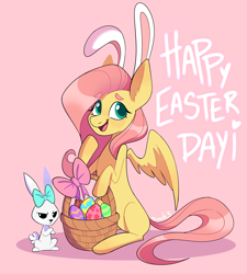 Size: 3130x3484 | Tagged: safe, artist:dymitre, angel bunny, fluttershy, pegasus, pony, rabbit, g4, angel bunny is not amused, animal, basket, bow, bunny ears, cute, duo, ear fluff, easter, easter bunny, easter egg, female, hair bow, high res, holiday, male, mare, missing cutie mark, open mouth, pink background, shyabetes, simple background, sitting, text, unamused