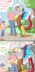 Size: 1269x2632 | Tagged: safe, artist:nignogs, discord, oc, oc:anon, draconequus, earth pony, human, pony, g4, (you), 2 panel comic, blonde, blonde mane, blue eyes, blushing, chest fluff, comic, dialogue, eris, female, flustered, halo, holding hands, human male, male, mare, park, police, police officer, ponice, reversed gender roles equestria, reversed gender roles equestria general, rule 63, speech bubble, spread wings, wingboner, wings