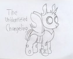 Size: 1649x1346 | Tagged: safe, artist:theunidentifiedchangeling, oc, oc only, oc:[unidentified], changeling, changeling oc, closed mouth, cute, cuteling, eyes open, fangs, horn, male, pencil drawing, solo, symbol, three quarter view, traditional art, wings