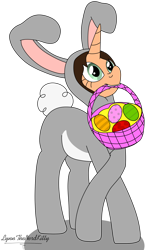 Size: 1280x1966 | Tagged: safe, artist:small-brooke1998, oc, oc only, oc:small brooke, pony, unicorn, animal costume, basket, bunny costume, clothes, costume, easter egg, mouth hold, simple background, solo, transparent background