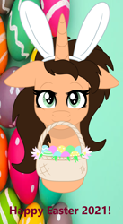 Size: 1400x2555 | Tagged: safe, artist:small-brooke1998, oc, oc:small brooke, pony, unicorn, basket, bunny ears, easter egg, mouth hold