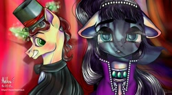 Size: 1800x1000 | Tagged: safe, artist:ariamidnighters, coloratura, flim, earth pony, pony, unicorn, g4, clothes, countess coloratura, crossover, female, floppy ears, grin, hat, magic, male, mare, smiling, stallion, telekinesis, the greatest showman