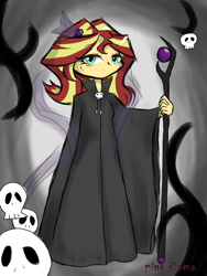 Size: 1080x1440 | Tagged: safe, artist:pink flame, sunset shimmer, equestria girls, g4, cloak, clothes, skull, staff