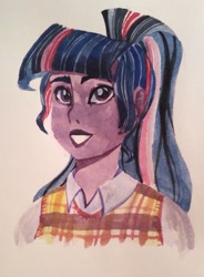 Size: 795x1080 | Tagged: safe, artist:ariamidnighters, sci-twi, twilight sparkle, equestria girls, g4, bust, clothes, missing accessory, plaid, shirt, solo, traditional art, vest, watercolor painting