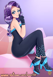 Size: 1400x2000 | Tagged: safe, artist:focusb, rarity, human, equestria girls, the other side, bare shoulders, female, grin, human coloration, humanized, lipstick, looking at you, sitting, sleeveless, smiling, smiling at you, solo, strapless, unitard