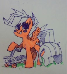 Size: 988x1080 | Tagged: safe, artist:ariamidnighters, scootaloo, pegasus, pony, g4, blush sticker, blushing, helmet, scooter, solo, traditional art