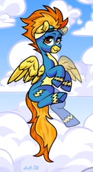 Size: 584x1080 | Tagged: safe, artist:ariamidnighters, spitfire, pegasus, pony, g4, clothes, cloud, flying, goggles, sky background, solo, uniform, wonderbolts uniform