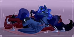 Size: 1280x638 | Tagged: safe, artist:ariamidnighters, princess luna, alicorn, pony, g4, clothes, commission, commissioner:shaddar, lying down, pillow, prone, socks, solo