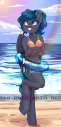Size: 519x1080 | Tagged: oc name needed, safe, artist:ariamidnighters, oc, oc only, pegasus, anthro, unguligrade anthro, beach, bikini, breasts, clothes, cloud, crossed arms, female, glasses, grin, heart eyes, inner tube, sand, sexy, sky, smiling, solo, sun, swimsuit, water, watermark, wingding eyes